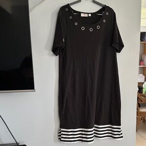 Quacker Factory Black Dress with Silver Eyelet Trim and Striped Hem size L